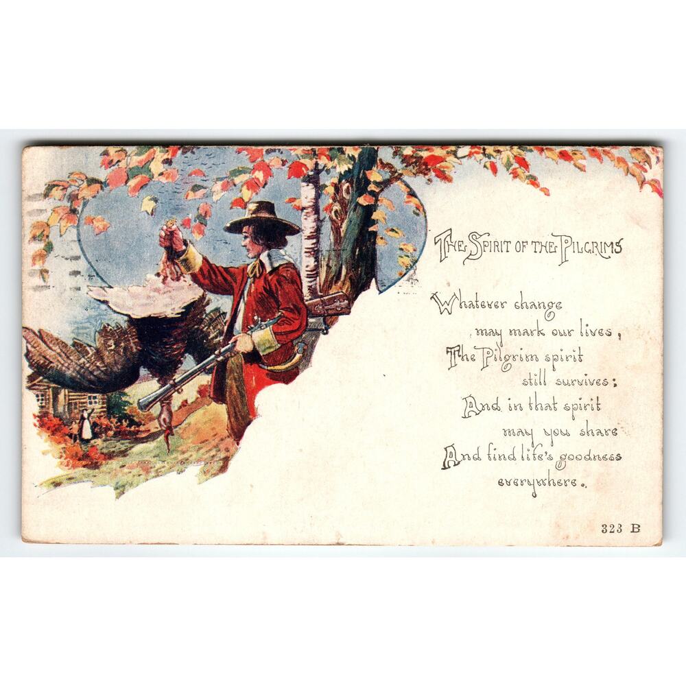 Vintage 1928 Thanksgiving Pilgrim Spirit Lithograph Postcard Ohio